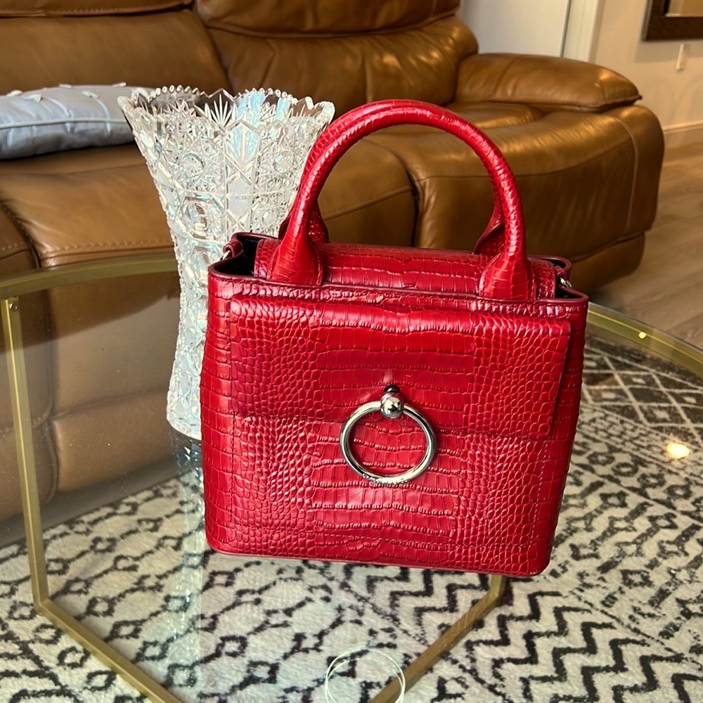 Shoulder bag, red snake skin, worn once